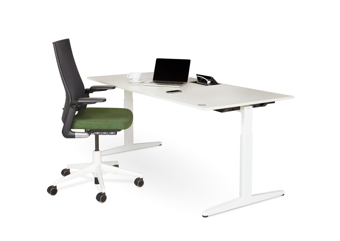 Balance, 2020 Extra Verta Royal Ahrend Balance workstation in white with grey maple worktop with black and green 2020 office chair front right view