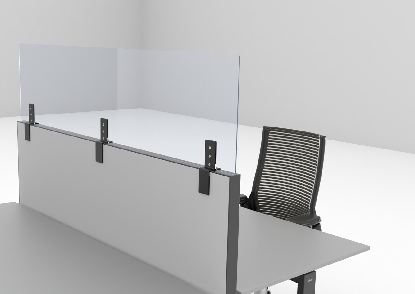 Balance, 2020 Extra Verta, S50, Ahrend Clear Royal Ahrend Balance dual desk in black with Ahrend Clear transpartent screen on S50 and 2020 Extra Verta office chair front right detail view