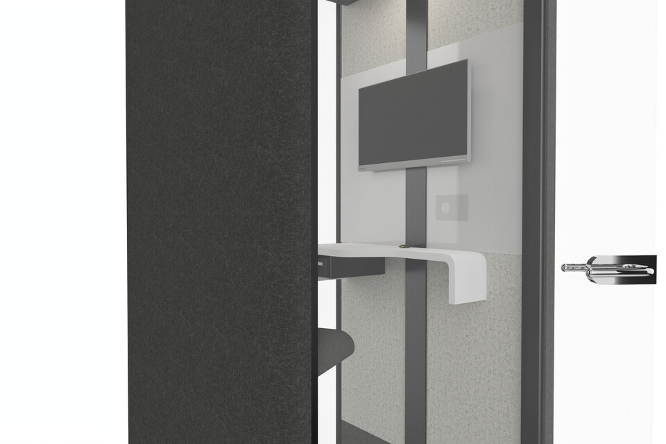 Silence CALL Royal Ahrend Silence Call cabine in black with hand free door opener and integrated video conference capabilities with hygenic panel Front left detail view