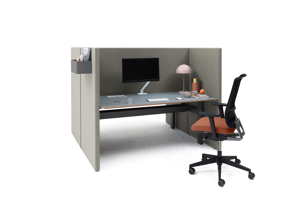 Retreat, Balance, Ease Royal Ahrend Retreat Acoustic screen for dual workstation with grey frame and upholstered in beige with black Balance dual desk and Ease office chair styled front left view