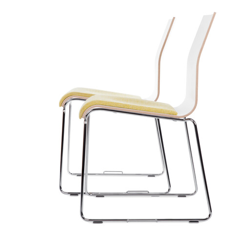 370 Royal Ahrend 370 wireframe chairs with chrome legs and shell in white with seat upholstered in yellow offset right side view