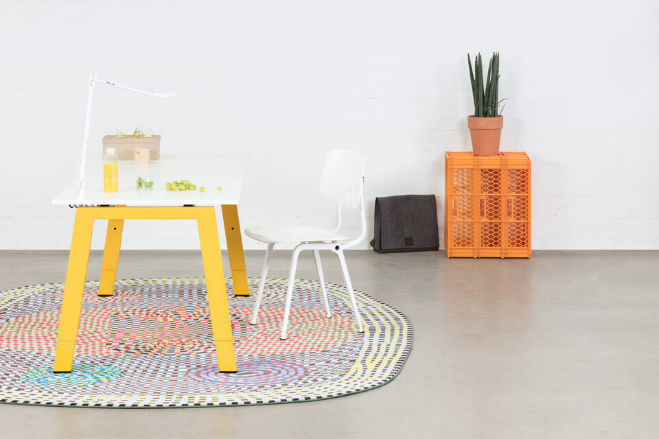 Balance, Revolt Royal Ahrend Balance 4 leg workstation in yellow with white top and white Result chair turned open left side view