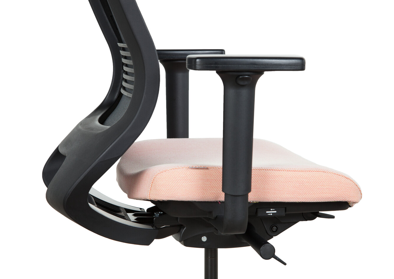 Prime Royal Ahrend Prime office chair upholstered seat in pink and black back left side detail view