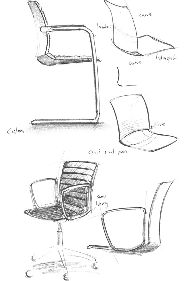 Well Royal Ahrend Well 5 star base and Cantilever chair sketches front right and side view