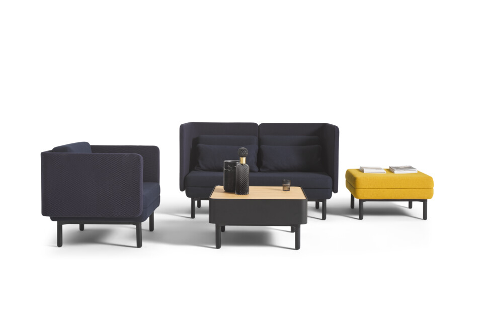 Charge Royal Ahrend Charge set with black frames and upholstered in blue and yellow with styling front and left view