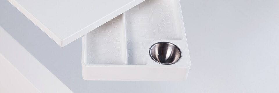 Clean Royal Ahrend Clean desk tray in white half retracted from under tabletop front left view