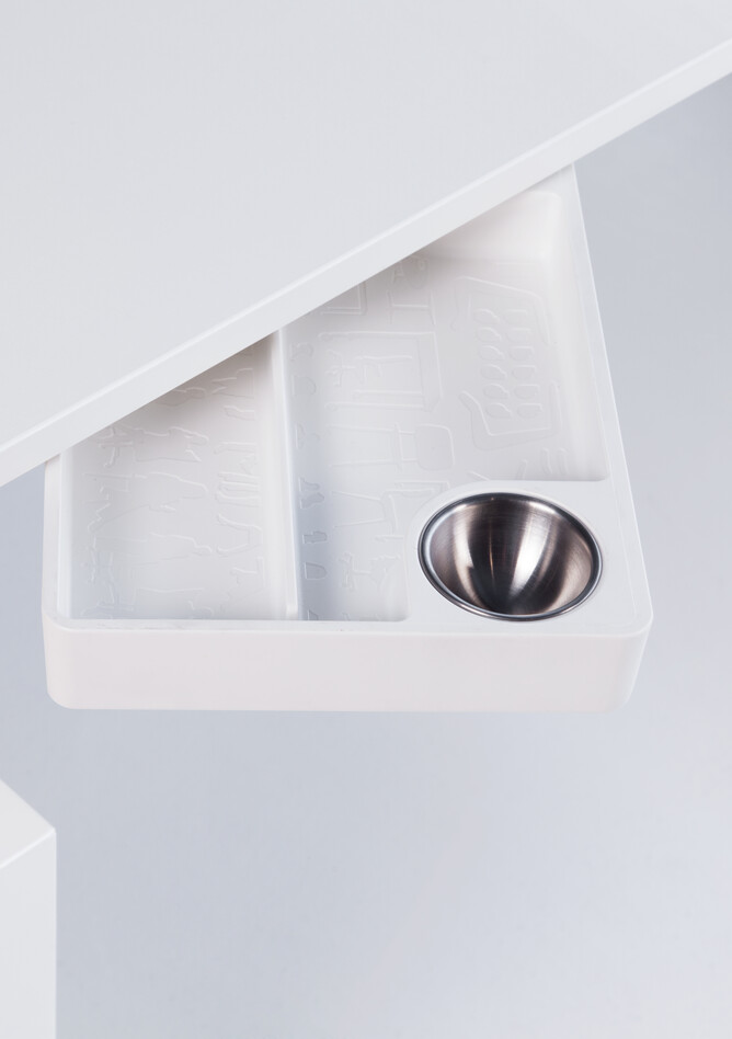 Clean Royal Ahrend Clean desk tray in white half retracted from under tabletop front left view