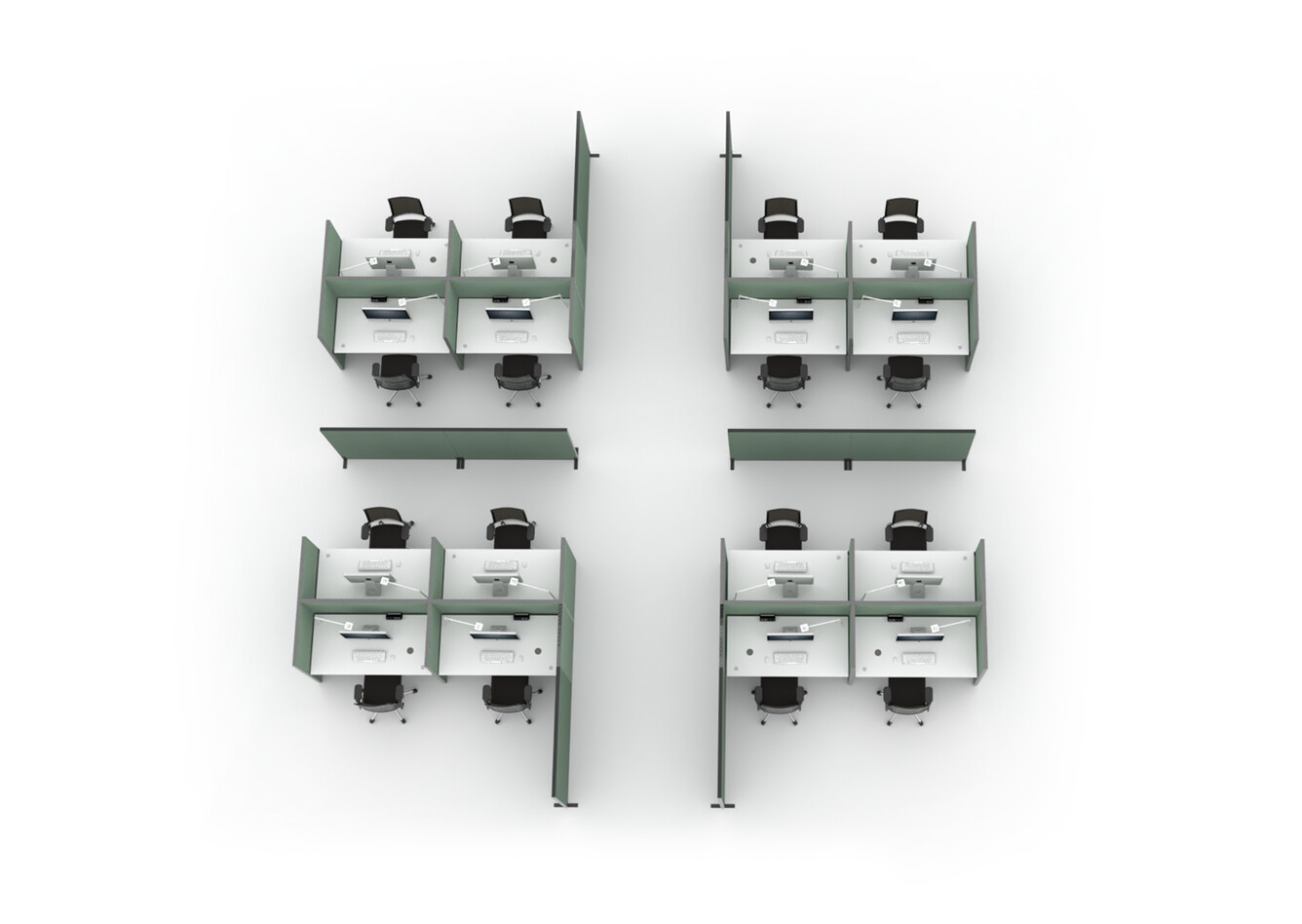 Balance, S50 Royal Ahrend Balance dual desks in black with grey tabletops and green upholstered S50s screens top view