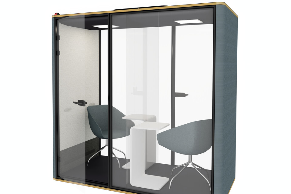 Silence CHAT, Hesta Royal Ahrend Silence Chat space in space in blue with hand free door opener and hygenic panel front right detail view