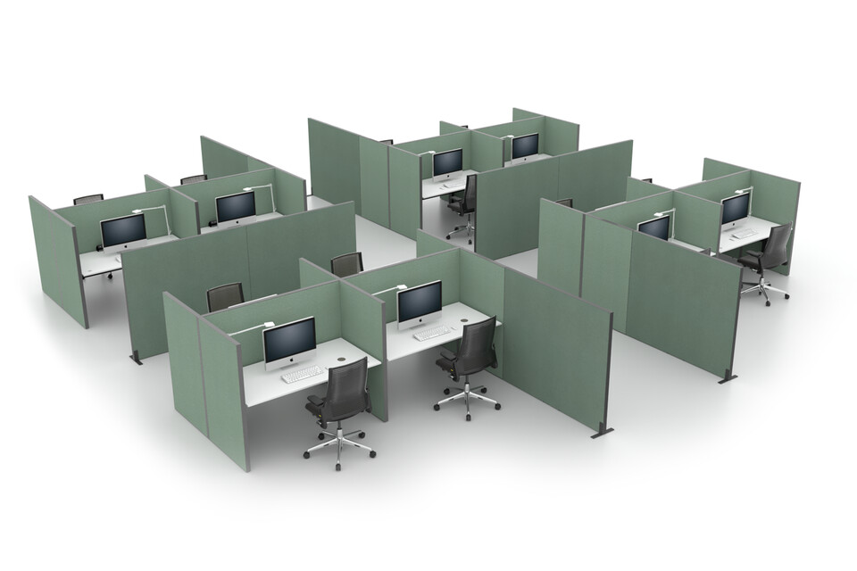 Balance, S50 Royal Ahrend Balance dual desks in black with grey tabletops and green upholstered S50s screens front left view