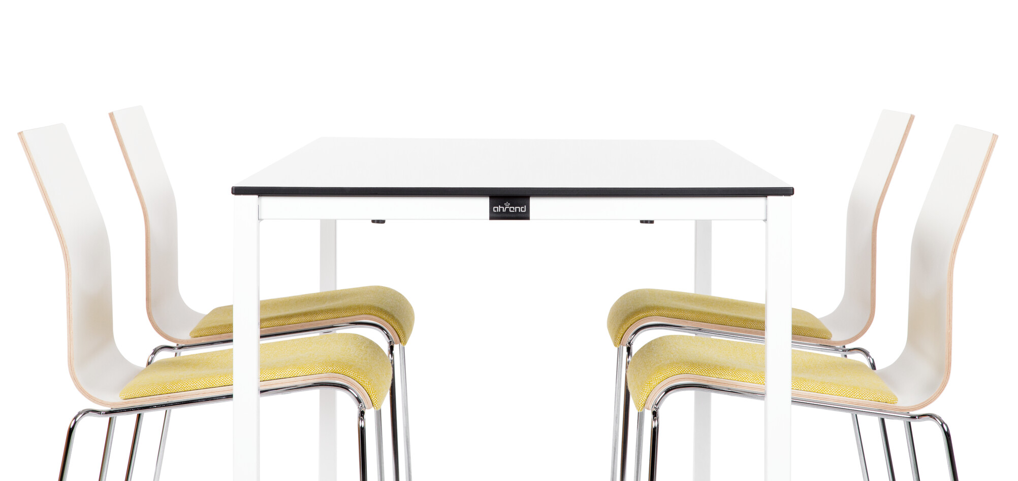 314, 370 Royal Ahrend 314 square leg table in white with grey tabletop and 370 Chairs with yellow seat upholstery left side view