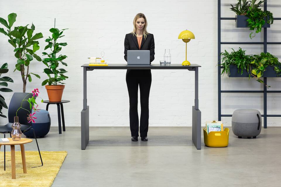 Balance Lift, Well, Recharge 45 Royal Ahrend Balance Lift workstation in grey with charcoal top in stand position with female model standing front view