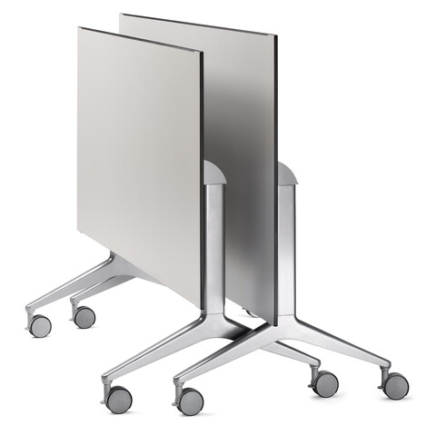 22 Royal Ahrend 22 folding tables polished on castors with grey top 2 folded next to one another front right view