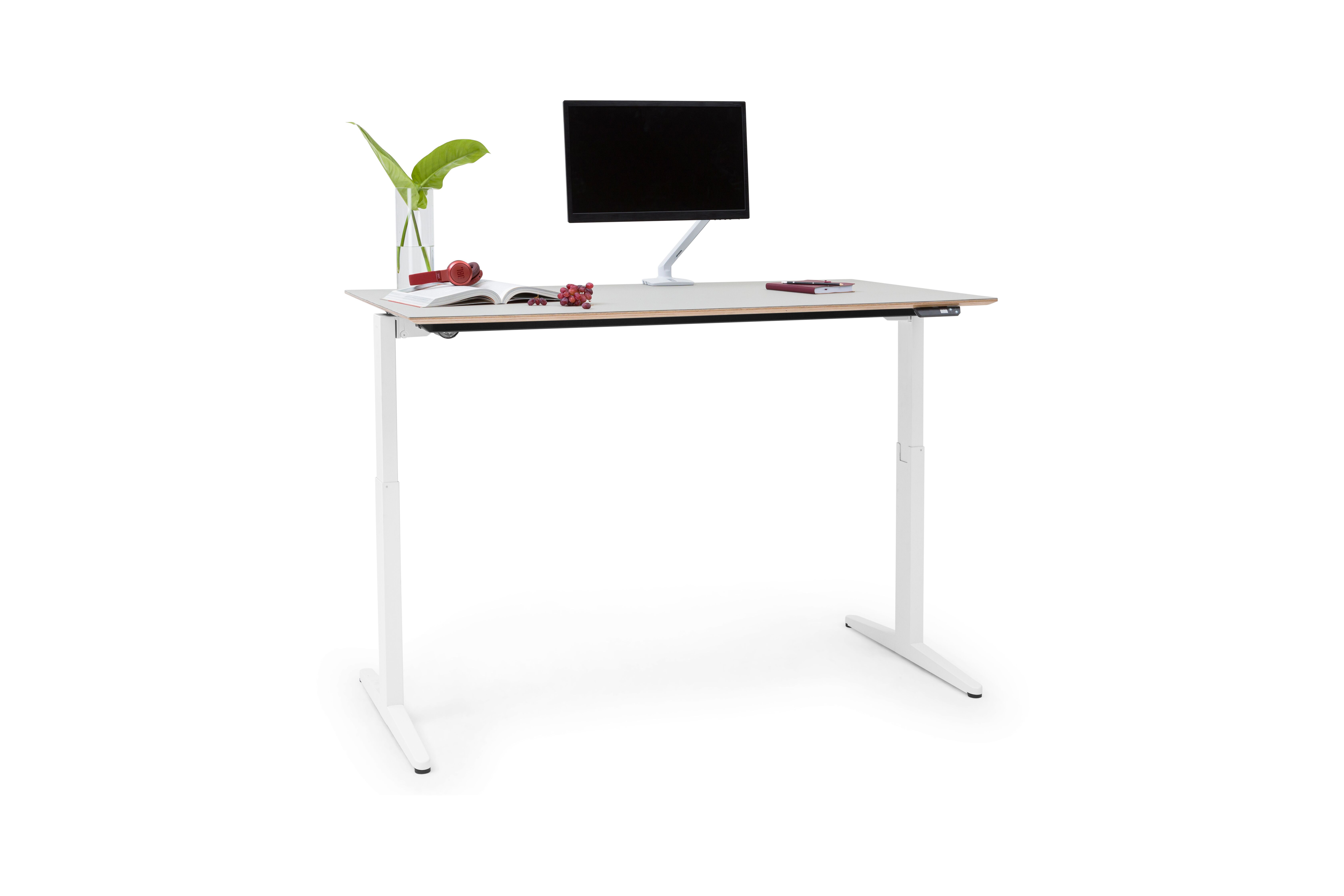 Balance Royal Ahrend Balance folding desk with white frame and grey tabletop in standing position front left view