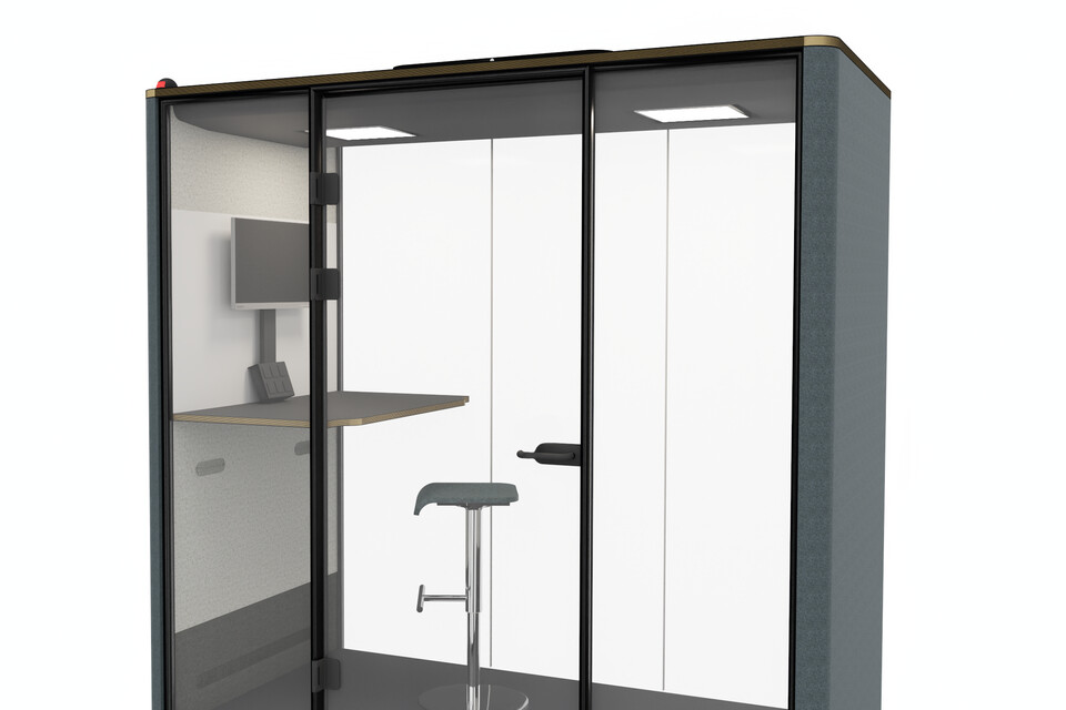Silence CHAT Royal Ahrend Silence Chat space in space in blue with hand free door opener and barstool front right top view