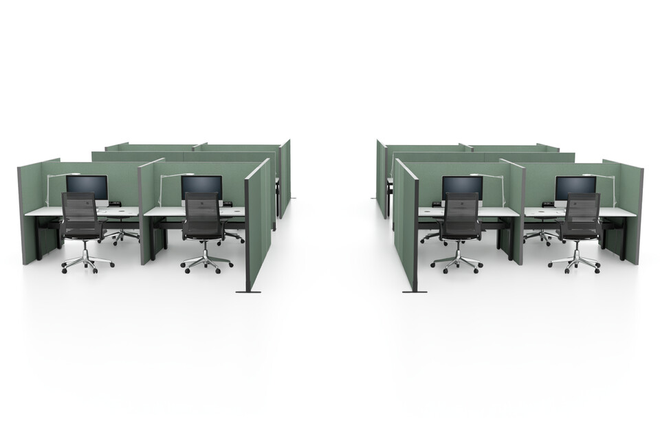 Balance, S50, 2020 Extra Verta, S50S Royal Ahrend Balance dual desks in black with white tabletop and 2020 Extra Verta office chair and S50 and S50S screens in block formation front view