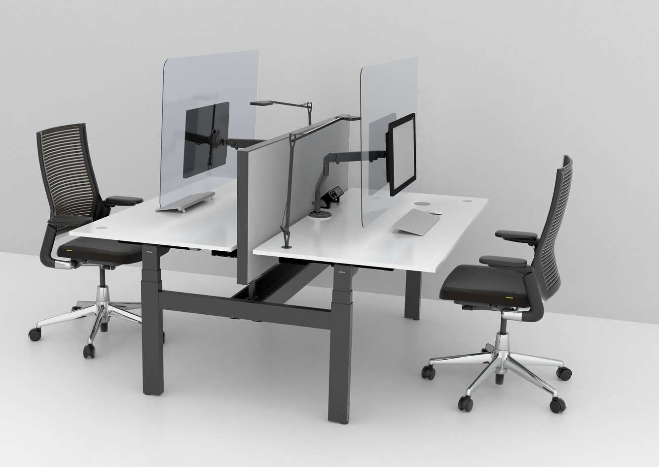 Balance, 2020 Extra Verta Royal Ahrend Balance dual desks in grey with transpartent screens and 2020 Extra Verta office chairs front left view