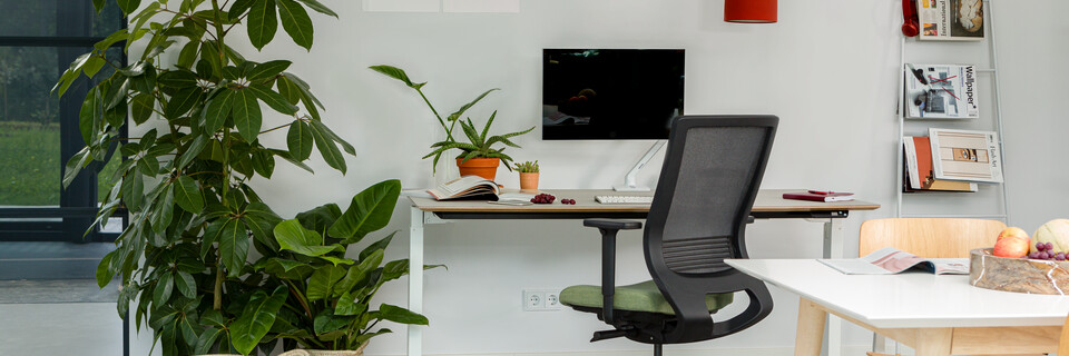 Balance, Prime Royal Ahrend balance workstation in white with oak tabletop and Prime office chair upholstered in green and black interior view